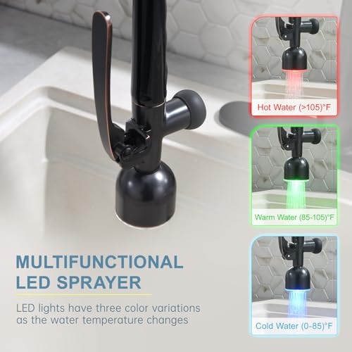 Image of GIMILI Oil Rubbed Bronze Kitchen Faucet with LED Single Handle Kitchen Sink Faucet with Pull Down Sprayer Commercial Double-Headed Stainless Steel Kitchen Faucets Sink with Deck Plate
