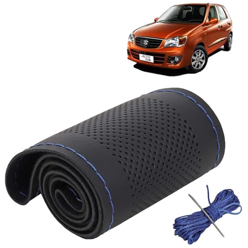 Image of KINGSWAY PU Leatherite Car Steering Cover Sewable Compatible with Maruti Suzuki Alto K10 (Year 2010-2014), Black Color with Blue Thread, Pack of 1 with Sewing Needle and Thread