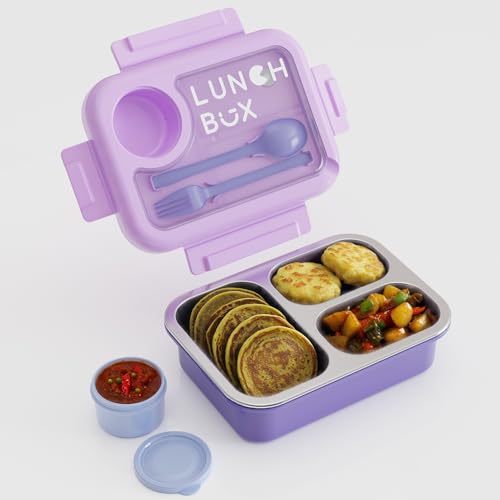 Image of Bento Lunch Box for Kids & Adults, Stainless Steel 3 Section Leakproof Lunch Container with Cutlery, BPA Free Tiffin for School College Office Travel (Purple)