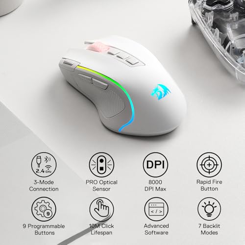 Image of Redragon M612 PRO RGB Gaming Mouse, 8000 DPI Wired /Wireless Optical Mouse with 9 Programmable Buttons & 6 Backlit Modes, BT & 2.4G Wireless, Software Supports, White