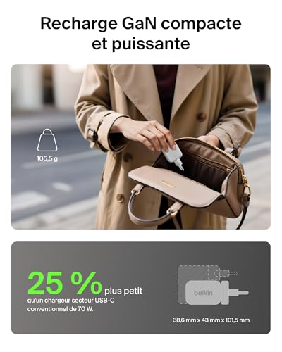 Belkin Chargeur USB C GaN avec 2 Ports USB C et 1 Port USB A Fiches Électriques pour UER. U. / É. U. Recharge Rapide pour MacBook iPhone iPad Pro Samsung Galaxy Google Pixel etc - vue 5
