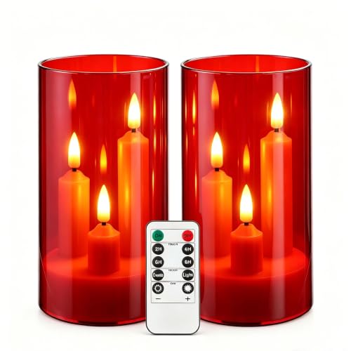 Image of 2 Pack 3D Wick Flameless Taper Candles, Red Transparent Acrylic Cover LED Flickering Candle Lights, Remote Control Battery Operated Electric Candles for Valentine Wedding Christmas Home Table Decor.