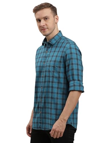Image of Turtle Men 100% Cotton Slim Fit Checkered Blue Casual Shirt