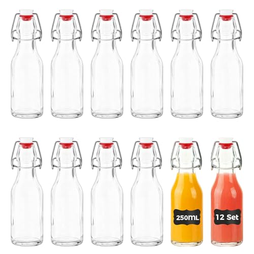 YOMKILU 12er Set Glasflaschen 250ml mit Bügelverschluss Bügelflaschen Zum Befüllen Flaschen mit 12 Etiketten Abfüllflaschen für Öl Essig Likör Saft Sirup
