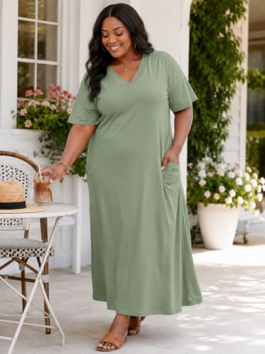 Image of Plus Size Maxi Dress for Women Short Sleeve V Neck Casual Loose Sundress with Pockets