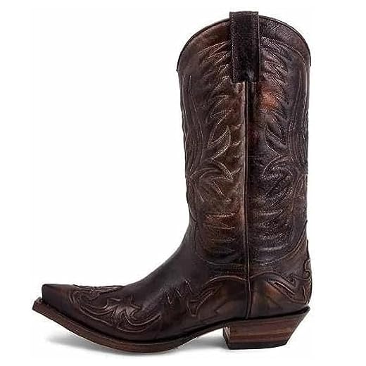 DJFOG Bottes de Chevalier pour Hommes, Bottes de Motard brodées, Bottes Hautes Vintage, Style Cowboy Occidental, Bottes de Moto à Bout Pointu,Marron,43 EU