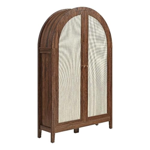 Modway Calista 63 Inch Arched Storage Cabinet with Folding Desk in Walnut - Tall Faux Rattan Cabinet with Doors and Shelves for Hallways, Living Rooms or Home Office