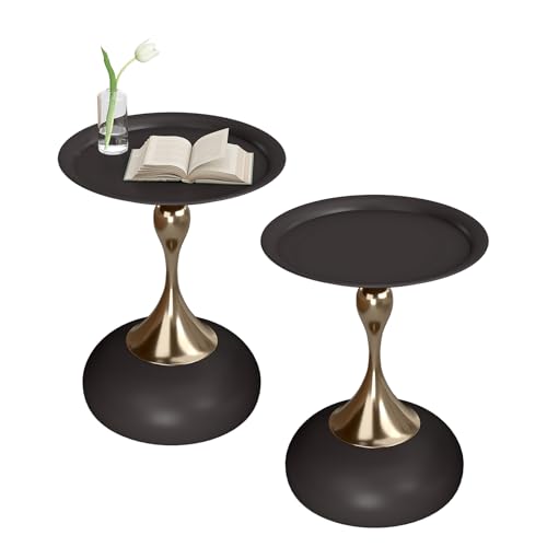 Soayone Lot de 2 Table d'appoint Ronde Noir Doré, Métal Petite Table Basse, Bout de Canape Vintage, Gueridon Salon pour Décoration Intérieure, 40 x 53 cm