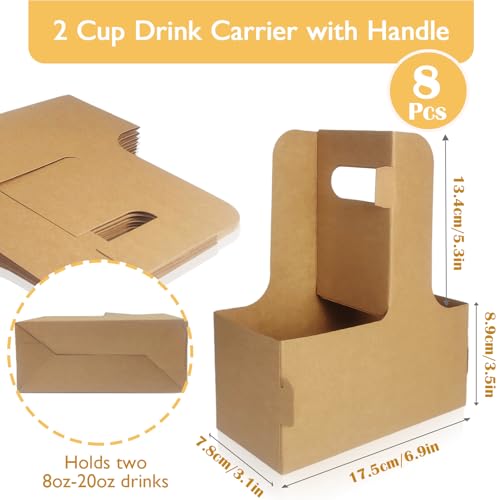 Lalvam 2 Cup Drink Carrier with Handle, 8 Pcs Kraft Cardboard Cup Holders, Disposable Cup Carriers for Drinks Coffee or Food Delivery, Take Out Cup Carriers (Brown, 8 Pcs)