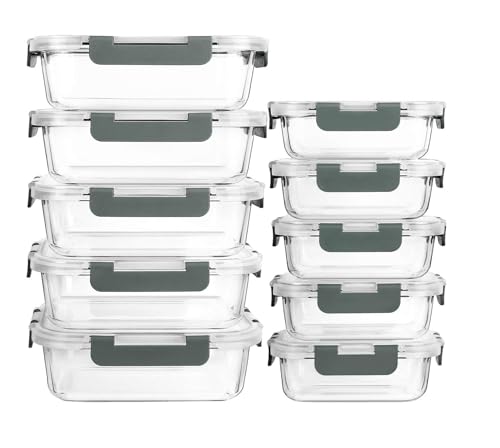 Visario Glas Frischhaltedosen Set 10 Stück (20 Teile) – 5x 1040ml & 5x 370ml, Luftdichte Bento Boxen, BPA-frei, mikrowellen- & spülmaschinengeeignet, Meal Prep Aufbewahrungsboxen