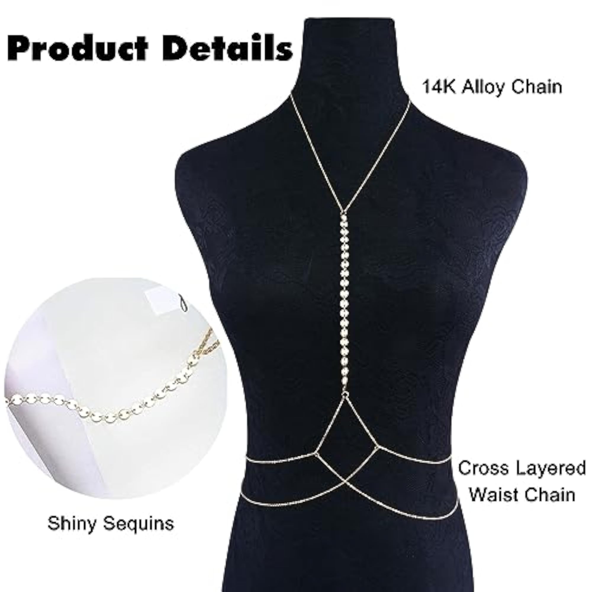 14K Gold Plated Rhinestone Body Chains for Women, Layered