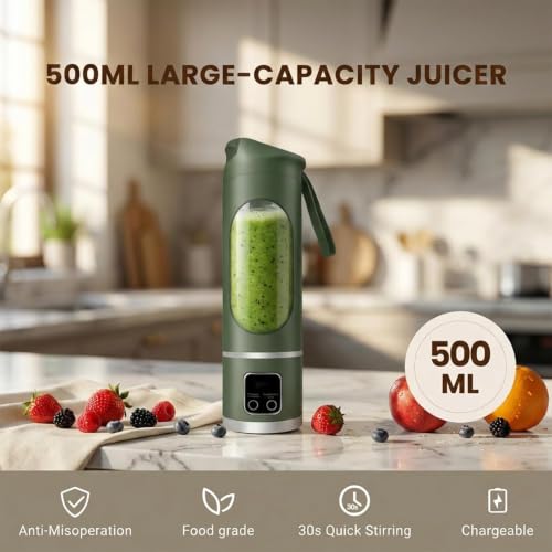 Image of Lilogi 500ML Portable Smoothie‑Maker Cup,12‑Blade USB‑C Rechargeable Juicer with LED Display, Travel‑Sized Drink Mixer for Kitchen,Office,Gym & Outdoor Activities (Green)
