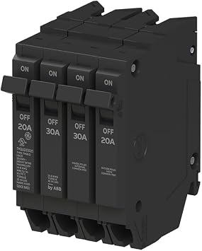 ABB Q-Line THQLQ203020 Quad Circuit Breaker 20A/1P & 30A/2P & 20A/1P Configuration 120/240 VAC, 10 kAIC Space-Saving Plug-in Mount Durable Design for Copper & Aluminum Wiring