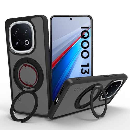 Image of RIGGEAR Shockproof Sleek Hybrid Armor 360 Rotating Magnetic Ring Stand Back Cover Case Compatible with MagSafe Accessories for iQOO 13 5G (Smoke Black Matte PC and Black TPU Bumper)