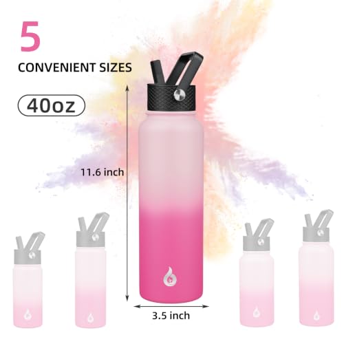 Image of BJPKPK Insulated Water Bottles with Straw Lid, 40oz Stainless Steel Metal Water Bottle with 3 Lids, Reusable Thermo, Keep Cold Hot for Sports, Gym-Cherry