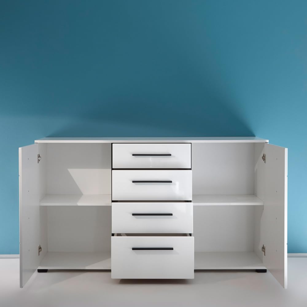 Lomadox Wohnwand Set in weiß Hochglanz mit 2 Vitrinen inkl. LED und großem Sideboard BxHxT: 300x200x42cm