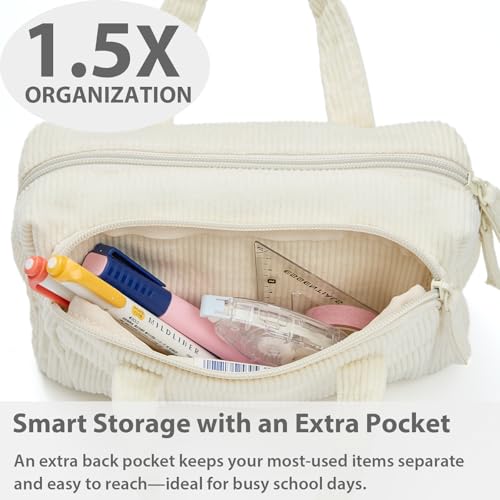 Image of SPACEMATE Pencil Case Pouch Box Bag School Supplies Girls Boys Kids, Cute Preppy Stuff Large Big Capacity Aesthetic Pen Organizer, Back to College Stationary, Beige, Corduroy Style, 1800ml