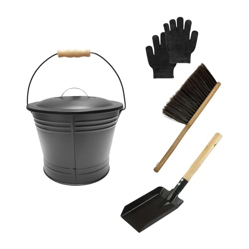 Ash Bucket 6L Metal Ash Bin Set with Lid Shovel Hand Broom and Gloves