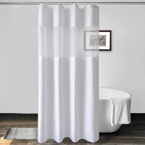 UFRIDAY White Waffle Weave Fabric Shower Curtain with Mesh Window Stall Size 36x72 Inch, Heavy Duty Decorative Bathroom Curtain with White Pique Pattern, Spa-Like Hotel Luxury, Water-Repellent
