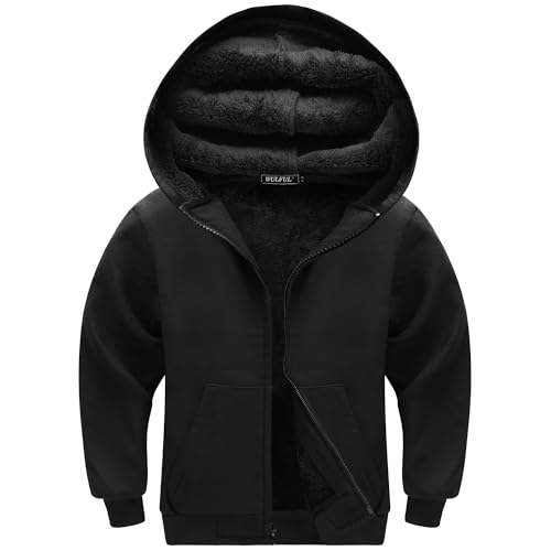 Image of WULFUL Boys Flannel Fleece Jackets Plaid Sherpa Hoodie Zip Up Winter Coat 5-14 Years Black