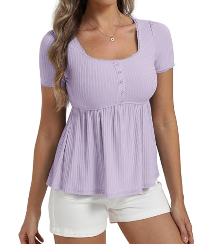 Image of Belle Poque Women's Summer Cute Tops Short Sleeve Babydoll Peplum Top 2026 Square Neck Casual Shirts Teen Top Tee
