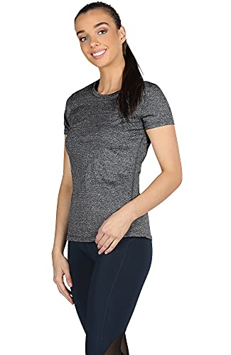 icyzone Women's Workout Running T-Shirt Activewear Yoga Gym Short Sleeve Tops Sports Shirts, 3-Pack (S, Charcoal/Red Bud/Pink)