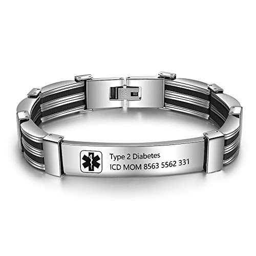 Medical Alert Bracelet for Women & Men Adjustable Alert ID Bracelets Wrist Bangle Free Engrave Stainless Steel Life Alert Bracelets (Silver-3)