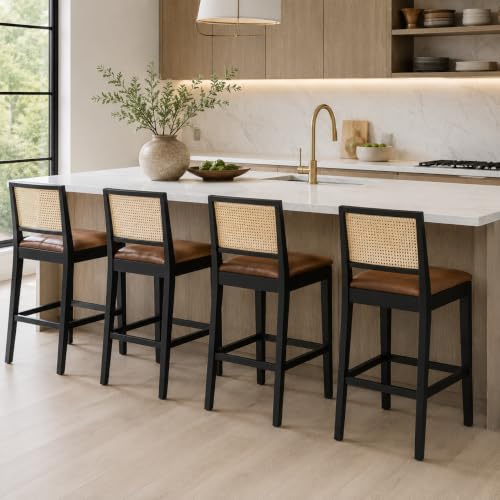 Image of Rattan Counter Height Bar Stools Set of 4, 26'' Modern Counter Stools with Cane Back, Mid Century Bar Chairs for Kitchen Counter /Home Bar /Restaurant, Brown