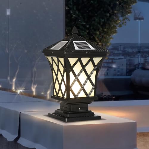 PTOUG LED Solar Post Cap Lamp, Outdoor Dimmable Pillar Lights IP65 Waterproof Black Post Light Aluminum Outdoor Column Light, Pillar Pedestal Lantern for Garden Fence