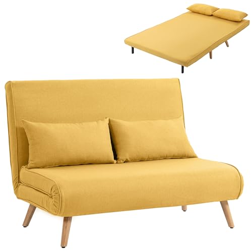 HOMCOM Sofá Cama de 2 Plazas Plegable 3 en 1, Sofá Cama, Tapizado en Lino, con Respaldo Ajustable 5 Posiciones, 2 Almohadas, para Dormitorio, Salón, Amarillo