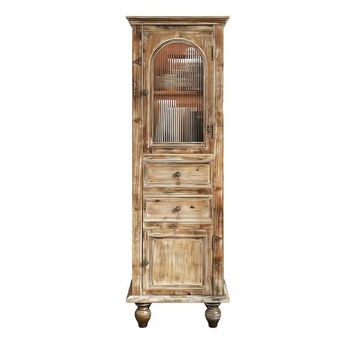 Image of LKTART 60 inch Tall Solid Wood Kitchen Pantry Storage Cabinet with Drawers | Solid Wood Frame;Farmhouse /French Country Narrow Corner Glass Display Cabinet;Narrow Storage Cabinet;Tall Accent Cabinet