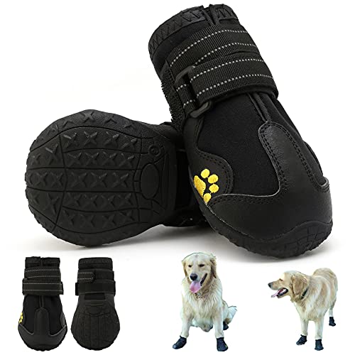 Hundeschuhe, Schutzstiefel, Set mit 4 wasserdichten Hundeschuhen, mit verstellbaren, robuster Sohle und rutschfester Pfotenschutz für kleine, mittelgroße und große Hunde (6: 7.6x6.3 cm (LxB) Cover