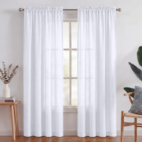 Turquoize Linen Sheer Curtains Natural Linen Semi Sheer Curtains Light Filtering Burlap Curtain Rod Pocket Window Treatments Panels/Drapes, Privacy Assured, 84 Inches Length (2 Panels, Pure White)
