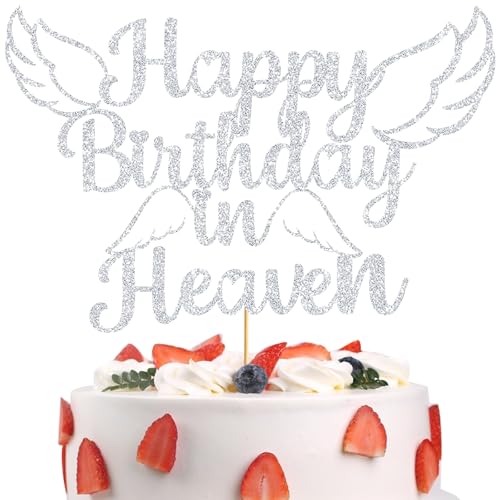 Happy Birthday in Heaven Cake Topper Sliver Glitter Happy Birthday in Heaven Decorations