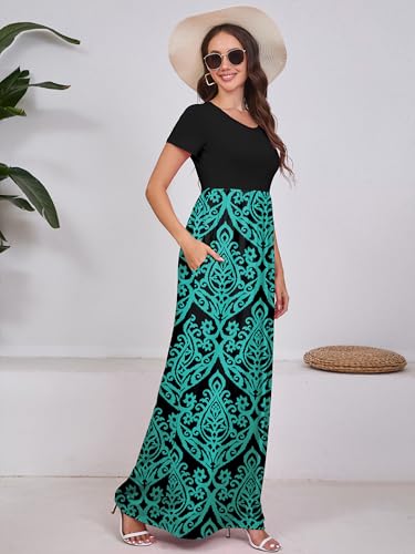 DEARCASE Women Floral Maxi Dress Flower Blue Green XX-Large Round Neck Boho Short Sleeve Sundresses A-line Casual Hawaiian Flowy Party Spring Summer Vacation Beach Long Dresses with Pockets — view 5