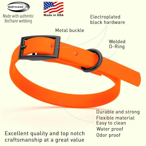 Image of Dogline Biothane Waterproof Dog Collar Strong Coated Nylon Webbing with Black Hardware Odor- Proof for Easy Care Easy to Clean High Performance Fits Small Medium or Large Dogs, Hunter Orange