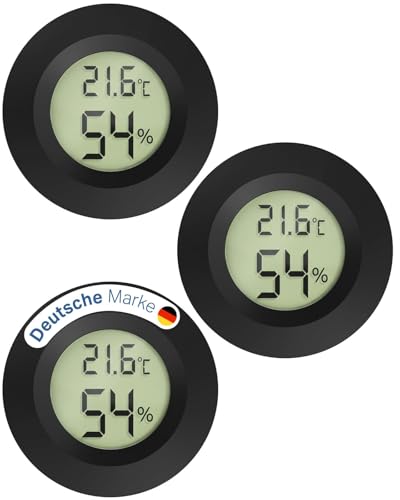 MAVORI® 3er Set Mini Thermometer Hygrometer rund - digitaler Luftfeuchtigkeitsmesser & Raumthermometer mit Spangen-Einbau, C/F & on/off Funktion - für Innenräume, Reptilien, Filament, Grow