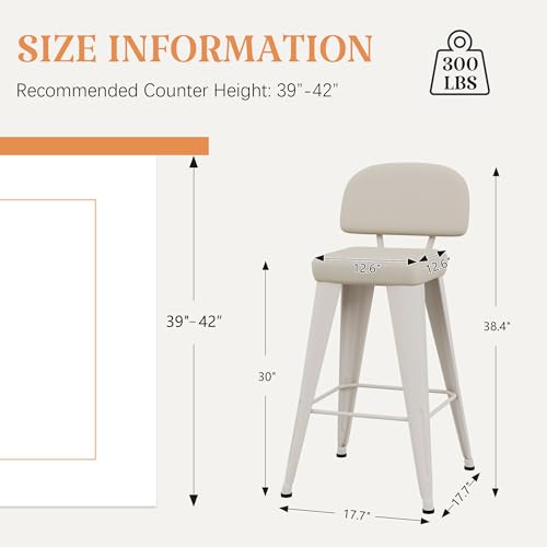 Image of Yongchuang 30 inch Bar Stools Set of 2 PU Leather Modern Bar Height Stools with Back Upholstered Metal Kitchen Island Bar Chairs Grayish White