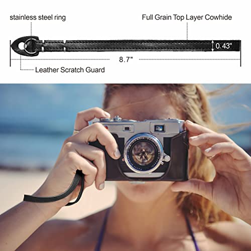 Padwa Black Genuine Leather Camera Strap And Camera Hand Wrist Strap Set - Full Grain Cowhide, Soft And Comfortable, Minimalist Camera Straps For Photographers Gift #TOP5