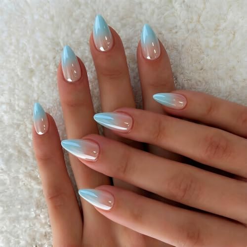 KXAMELIE Chrome Ombre Turquoise Blue Press on Nails Short Almond,