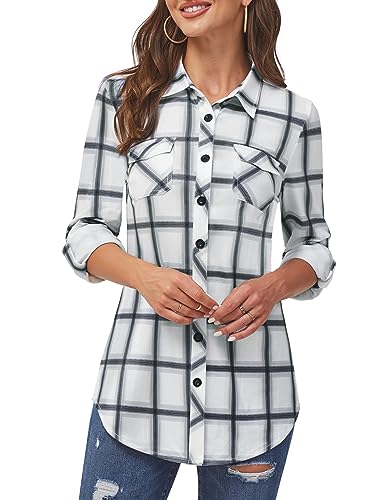 DJT Womens Soft Stretchy Knit Plaid Shirts Roll Up Long Sleeve Collared Button Down Blouses Tops