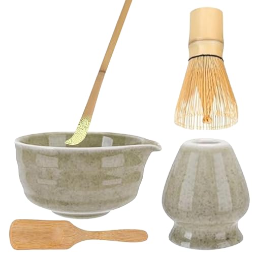 Kit de matcha, juego de matcha con batidor y cuenco, kit de herramientas de accesorios de té con cuchara de madera, soporte de cerámica para hacer té, amantes de la ceremonia y principiantes