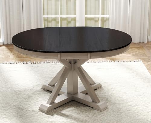 chairus 42-54 Inches Extendable Dining Table for 4-6 People, Oval Shape/Round Kitchen Table with Trestle Pedestal Base, Wooden Circle Table for Kitchen, Dining Room, Restaurant, Black&White