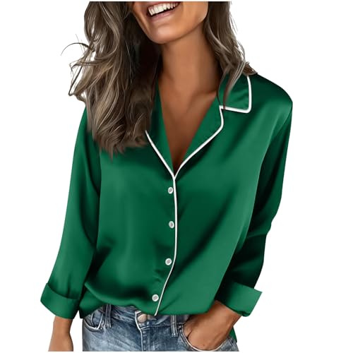Women's Long Sleeve Satin Blouse Notch Lapel Silk Button Down Shirt Business Casual Outfits Pajama Style Office Top A01 Green Large