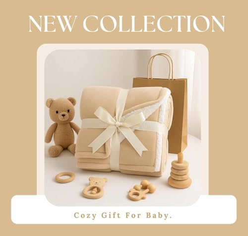 Image of VAS COLLECTIONS Baby Blanket Gift Set | 2-Layer Flannel & Sherpa Wrapping Sheet | Ultra Soft & Cozy | Newborn Boys & Girls | All-Season AC Blanket (130x105 cm, 800 g) (Gift Beige, Baby (800g))