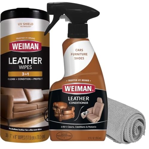 Weiman Leather Cleaner & Conditioner Care Kit | Restores Leather Surfaces | Ultra Violet Protectants Help Prevent Cracking or Fading of Leather Furniture, Car Seats, Shoes