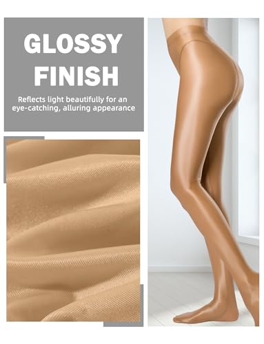 Image of FEOYA Women's Open Crotch Oil Shiny Pantyhose High Waist Control Top Silky Oily Crotchless Footed Tights Stockings
