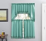 American Linen Café Curtains for Kitchen, Bathroom Curtains with Valance, Embroidered lace Border. (Teal)