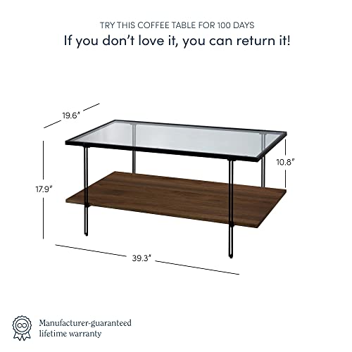 Image of Nathan James Asher Mid-Century Rectangle Coffee Table Glass Top and Wood Finish Storage Shelf with Matte Metal Legs, Warm Walnut /Black