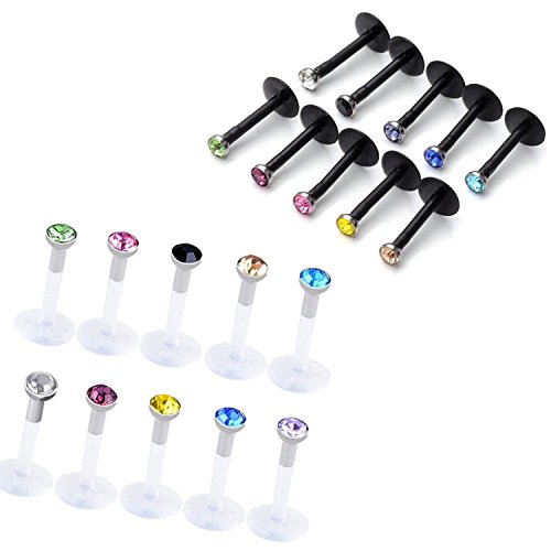 PiercingJ 20PCS Mixte Piercing de Lèvre Acrylique Cristal Strass Lip Lot Piercing Labret Tragus Couleurs Mélangé